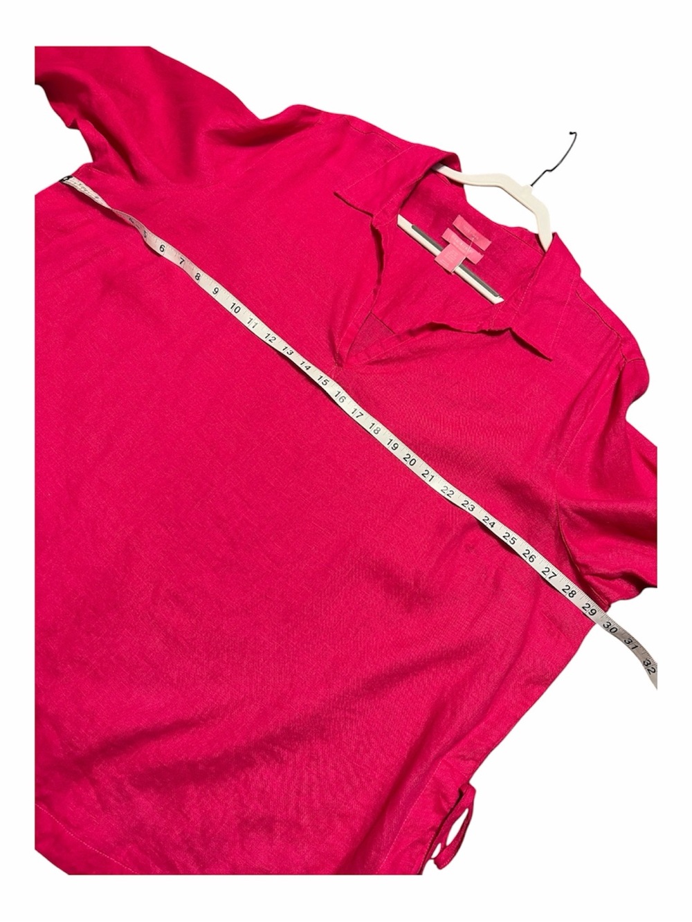 NWOT Isaac Mizrahi 100% Linen V-Neck Tunic Blouse Hot Pink Side Tie Top - Picture 6 of 8